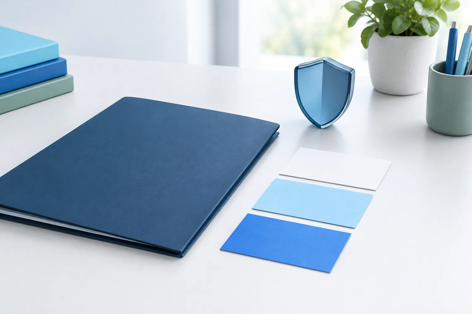 A closed folder, shield-shaped paperweight, and blank cards arranged on a clinic desk.