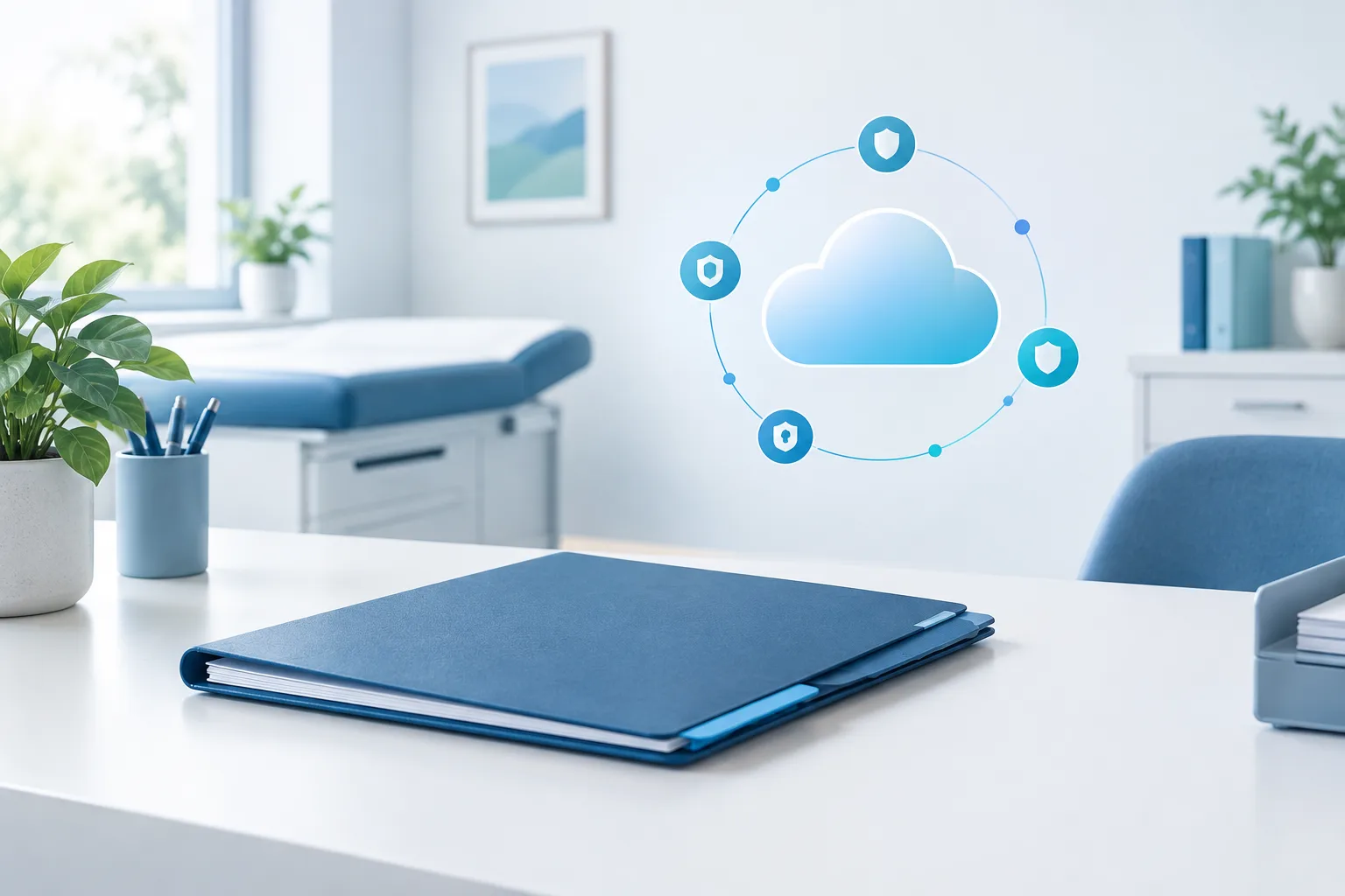 A closed patient chart beside an abstract cloud and connected security nodes on a clinic desk.