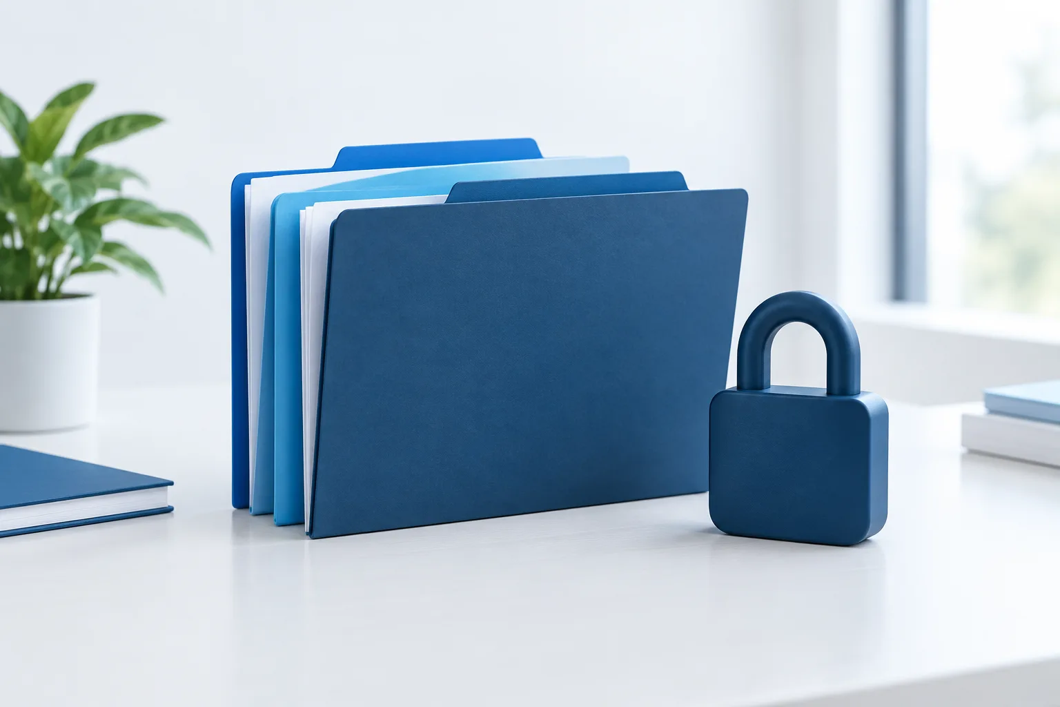 Blank folders and a small lock-shaped object arranged on a light desk.