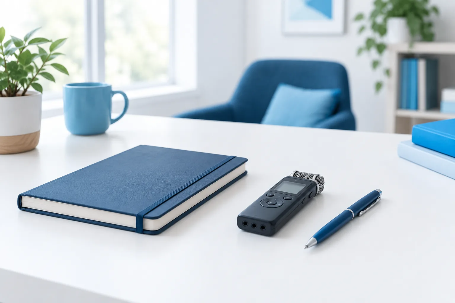 Audio recorder and notebook on a clean desk in a calm clinical workspace.